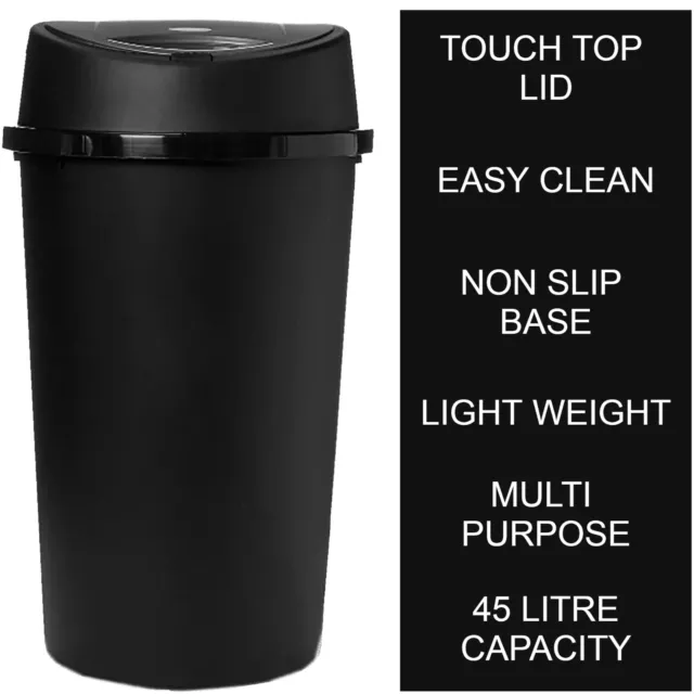 45L All Black Touch Top Bin / Dustbin / Rubbish Bin / Kitchen / Home / Plastic.