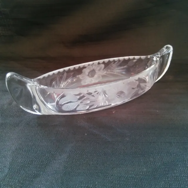 Celery/Relish Glass Dish Etched Floral Pattern Canoe Shaped