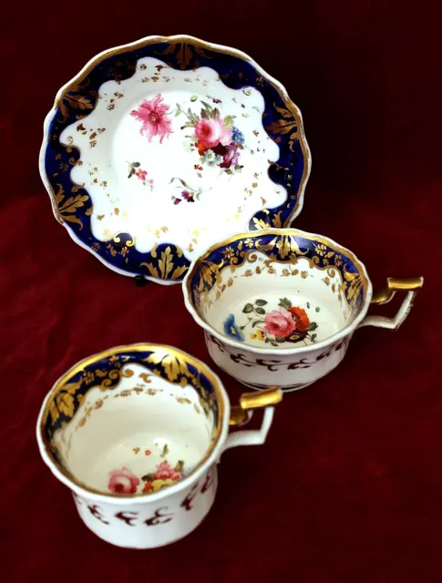 ANTIQUE RIDGWAYS CHINA TRIO; TEA CUP, COFFEE CUP & SAUCER PAINTED FLOWERS, c1825