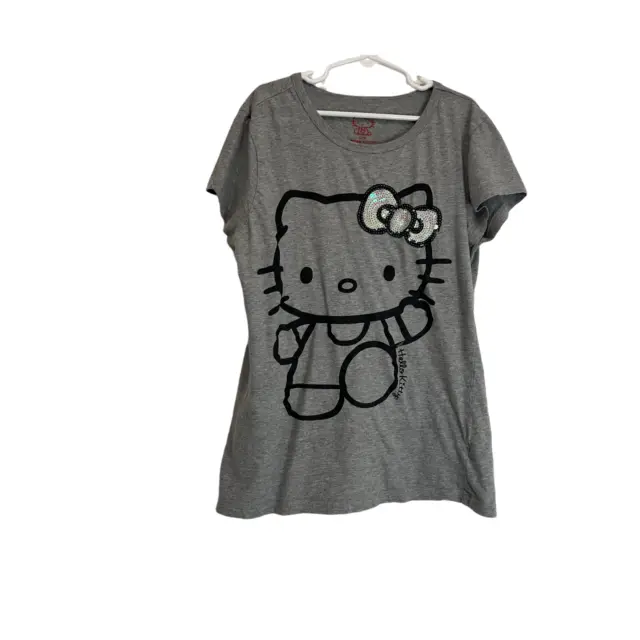 Hello Kitty Sequin Graphic Logo Tee T Shirt Gray Short Sleeves Girls Size S 6-6X