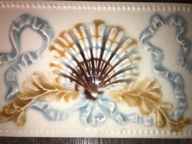 Antique Victorian Beaver Falls Art Tile Glazed Ceramic w/Scallop Seashell Ribbon 3
