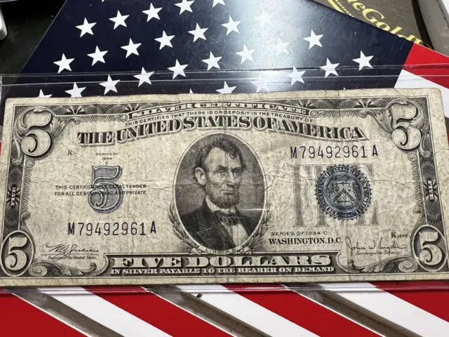 1934 C $5 Five Dollar Bill Silver Certificates Blue Seal Note M79492961A