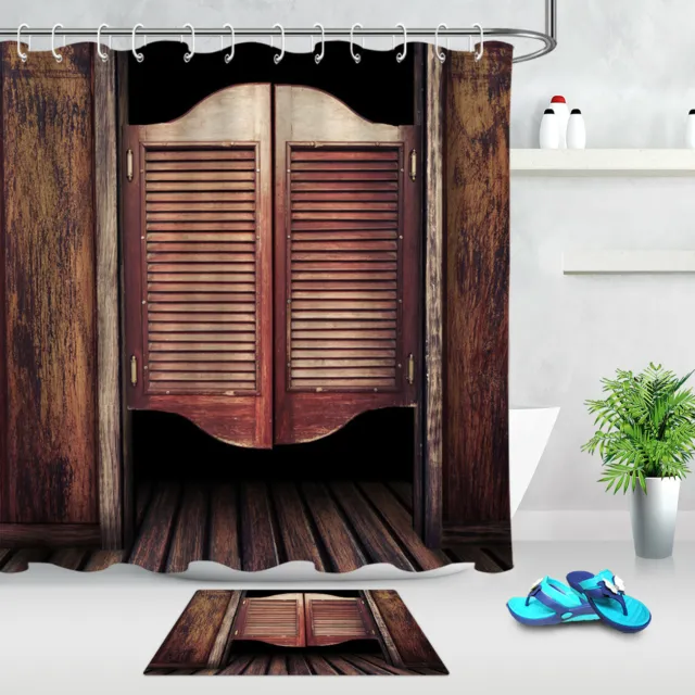 Rustic Retro old Barn Door Wood Floor Bath Waterproof Fabric Shower Curtain Set