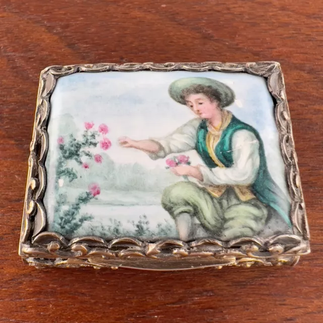 835 Silver Pill / Snuff Box Hand Painted Woman Gathering Flowers No Monogram