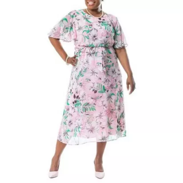 Kasper Womens Julia Pink Chiffon Floral Midi Fit & Flare Dress XL BHFO 5530