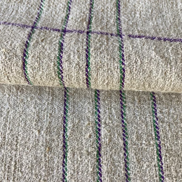 RARE purple and green Grain Sack Fabric Linen Feedsack Grainsack stripes Vintag
