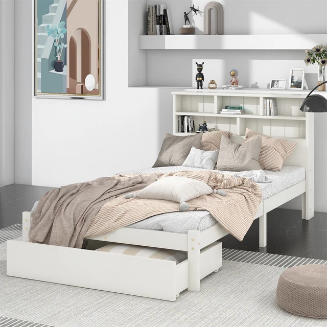 3FT WHITE SOLID Pine Wood Bed Wooden Single Size Bed Frame with Storage ...