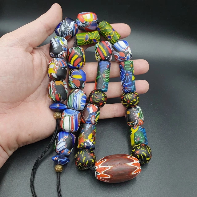 AA Vintage African Asian mosaic Glass Chevron Beads Long Strand necklace 350 gr