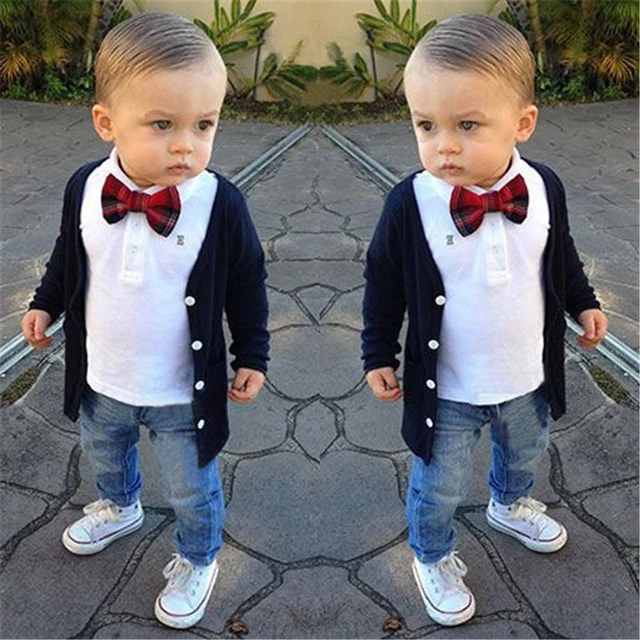3 pz cappotto da gentiluomo bambini bambini bambini ragazzi + t-shirt + pantaloni denim set outfits abbigliamento
