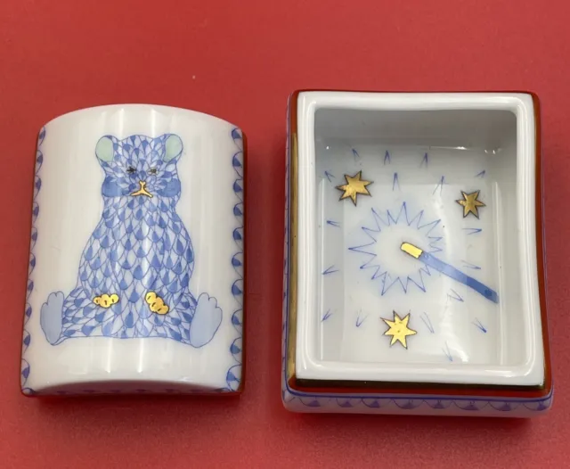 Herend Hungary Hand Painted Blue Fishnet Teddy Bear Tooth Fairy Trinket Box