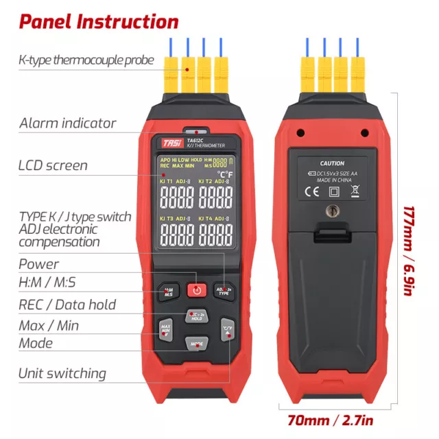 LCD Digital 4 Channel Thermometer K-type Thermocouple Temperature Tester A B C 3