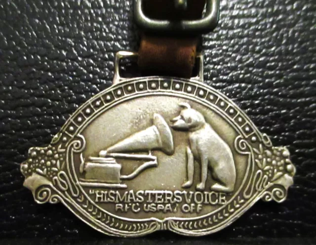 RCA Victor & Nipper Dog His Masters Voice STERLING Pocket Watch Fob Music OLD! 2