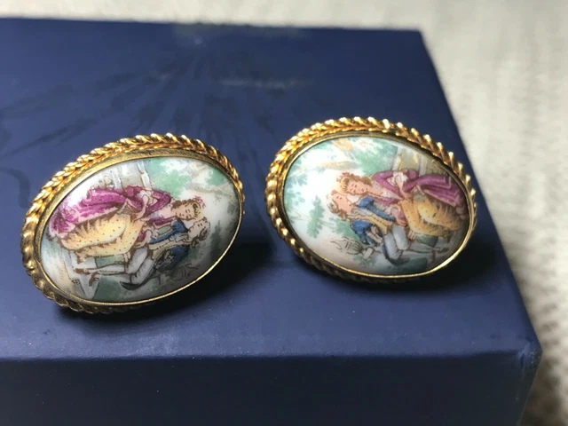 Vintage 1/20 12K GF Oval VAN DELL Screw Earrings Man Woman Garden On Porcelain
