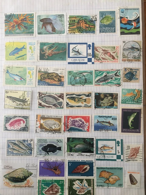 Lot De 70 Timbres Obliteres - Thematique Les Poissons Et Coquillages