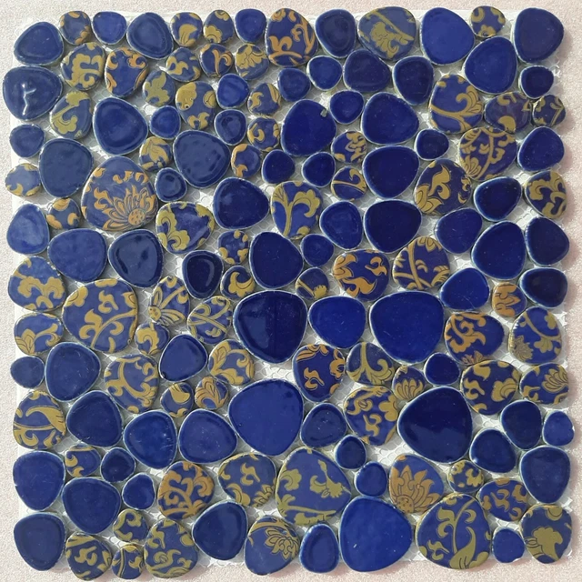 blue and gold mosaic indoor or outdoor tiles pebble floral