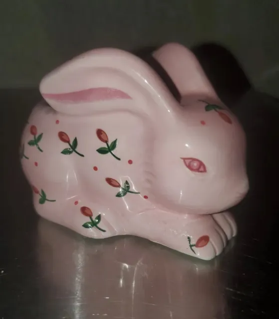 Adorable Decorative Ceramic Pink Bunny Rabbit With Flowers Candle Holder Easter