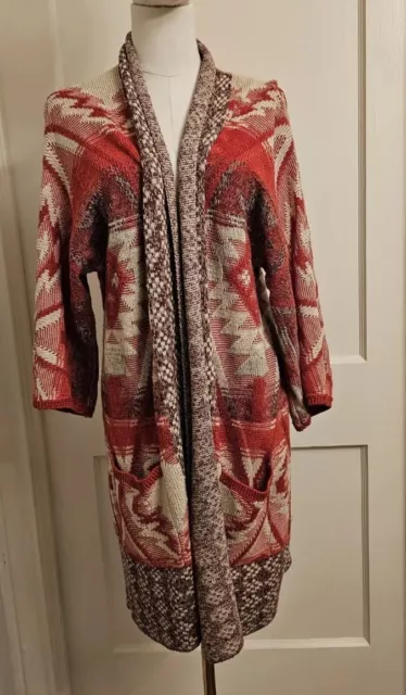 Lucky Brand Sedona Red Tan Aztec Knit Open Front Cardigan Sweater Size L/XL