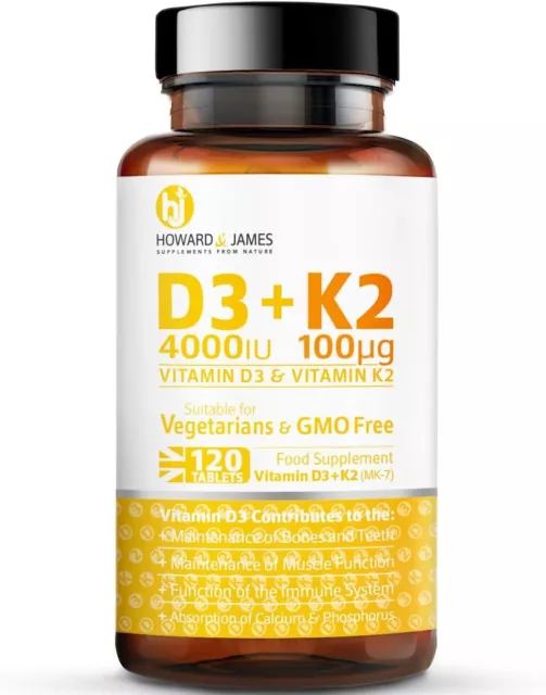 HOWARD & JAMES Vitamin D3 4000iu Plus K2 100ug 120 High Strength...