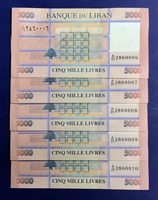Lebanon 5 Banknotes Consecutive 2012 UNC 5000 Livres. P 91a. PCLB 122a