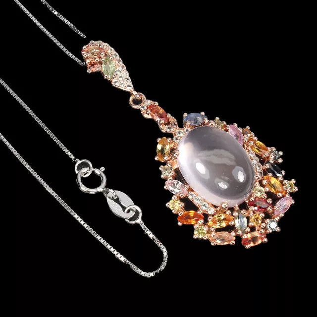 Unheated Oval Rose Quartz 14x10mm Sapphire Topaz 925 Sterling Silver Necklace