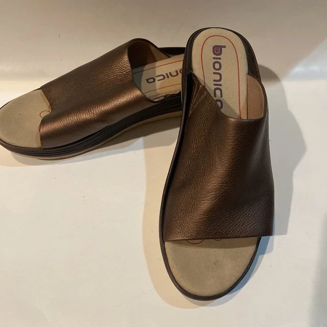 Bionica Women's Wedge Sandals Open Toe Slip On Copper Leather Shoes Size 9