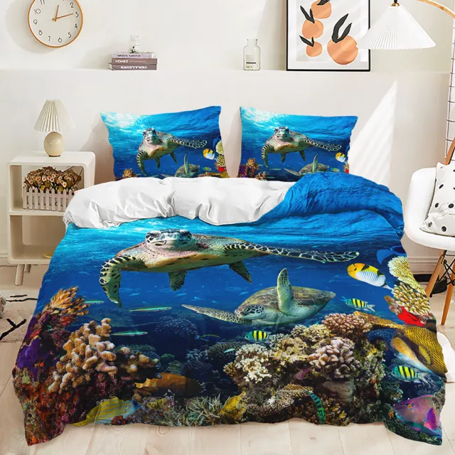 Marine Life Sea Turtle Dolphin Blue Whale Anchor Doona Duvet Quilt Cover Bed Set