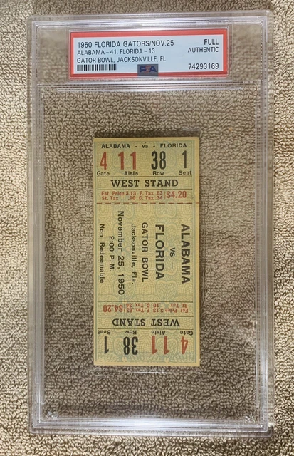 1950 ALABAMA vs FLORIDA FOOTBALL FULL TICKET PSA BEAUTY 1/1 - TIDE AT GATOR BOWL
