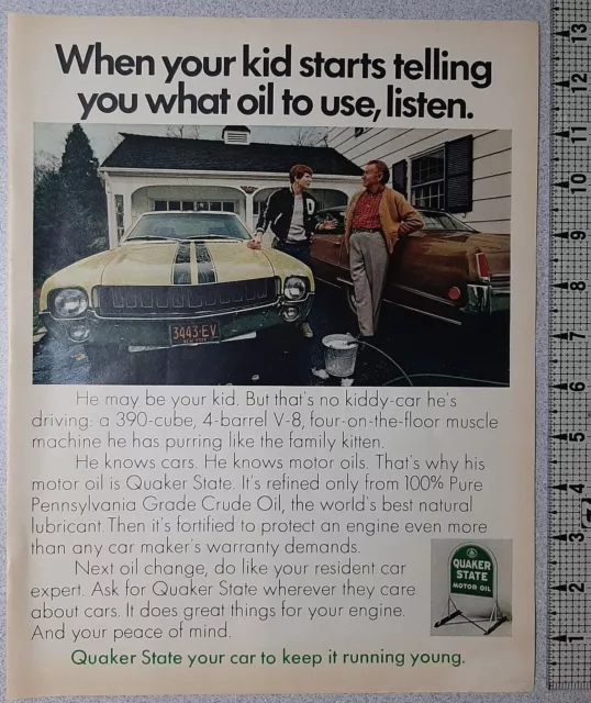 1970 Quaker State Vintage Print Ad Motor Oil Father Son Cars Muscle Driveway NY