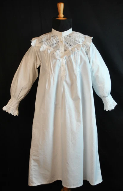 ANTICO 1860S VITTORIANO Cotone Bianco Camicia da Notte EUR 121 47