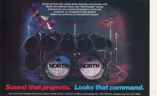 1983 small Print Ad of North Horn-Loaded Drum Kit