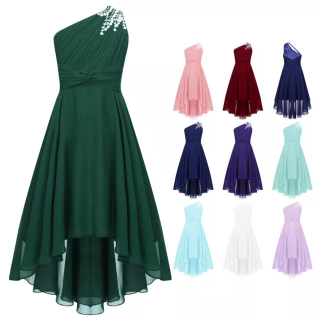 Mädchen EIN-Schulter Kleid Glänzende Strass Abendkleid Asymmetrischer Partykleid