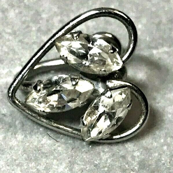 Pretty Vtg Sterling Silver Van Dell Heart Screw 1 Earring w/ Clear Rhinestones