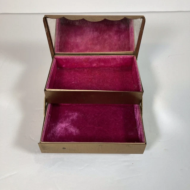 Vintage Small Brass & Rhinestone 2 Layer Velvet Drawer Mirrored Jewelry Box  3x5