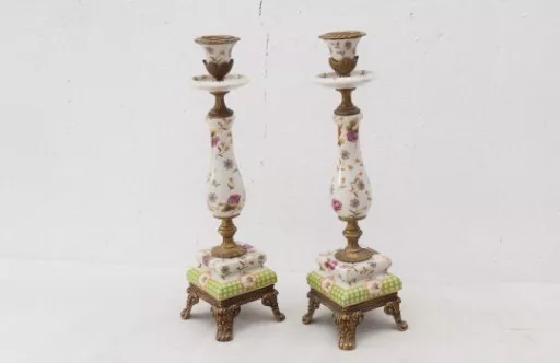 Exquisite Rare Set Porcelain Pair with Bronze Candlestick, Art Nouveau Style