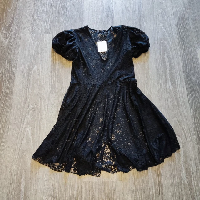 WOMENS ZARA V Neck Puff Sleeve Black Lace Burnout Floral Dress Size Large  5.45 - PicClick UK