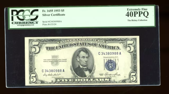 DBR $5 1953 Silver Fr. 1655 CA Block PCGS XF-40 PPQ Serial C34380988A