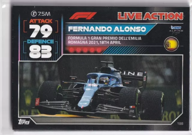 Topps F1 Turbo Attax 2022 Formule 1 Carte Numéro 188 Live Action Fernando Alonso