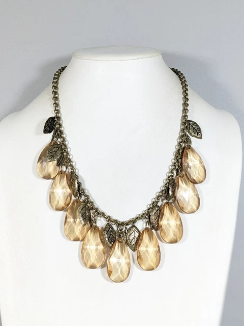 Charming Charlie Bronze Tone Brown Teardrop Charm Leaf Statement Necklace 23 in