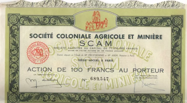 Action Société Coloniale Agricole et Minière SCAM, 100 Francs de 1947