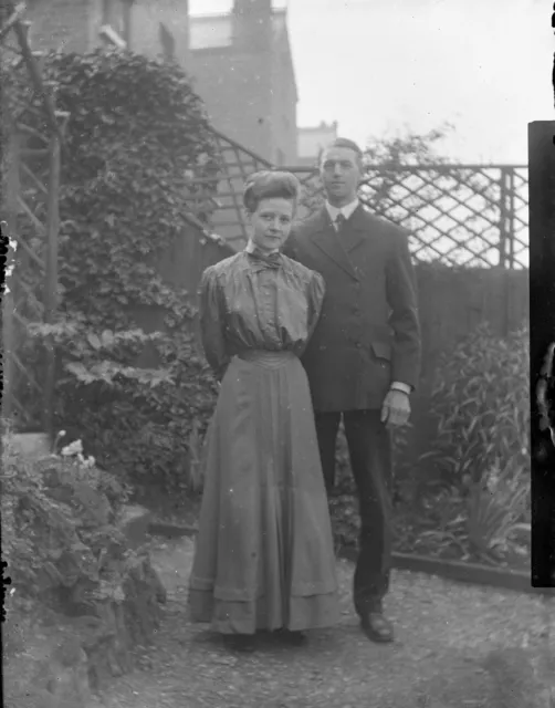 Glass Plate Negative c. 1900 - Portrait of Man & Woman in Garden - UK