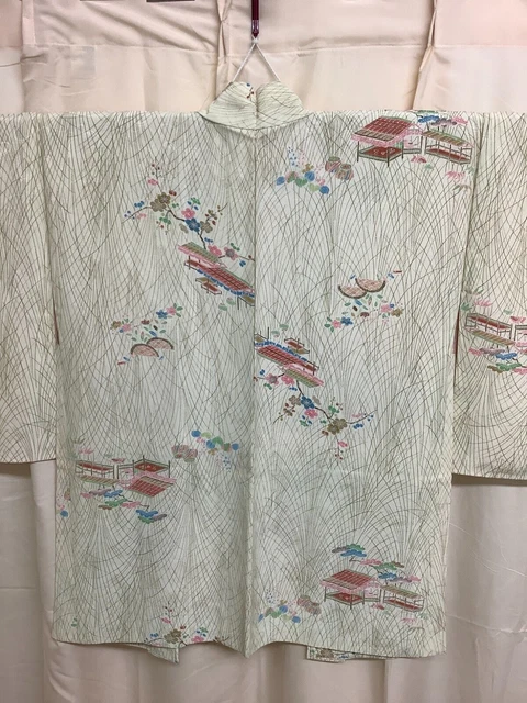 Japanese Vintage Kimono Haori Jacket silk Front strap through White 30 inch used 11