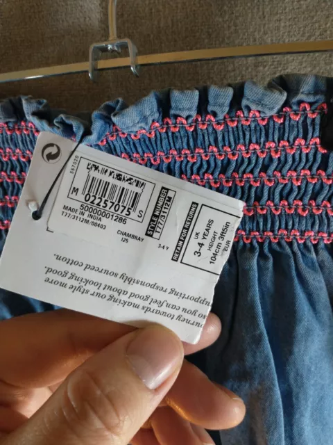 Pantaloni M&S Bambini Bambina 3/4 Anni Elasticizzati Blu Chambray 100% Cotone Nuovi con etichette 3