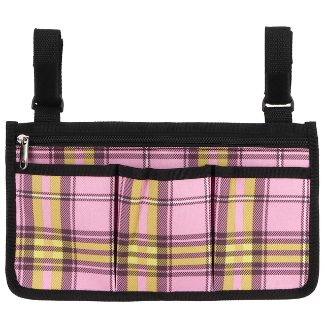 Bolso organizador colgante de varios bolsillos para silla de ruedas rojo rosa a cuadros
