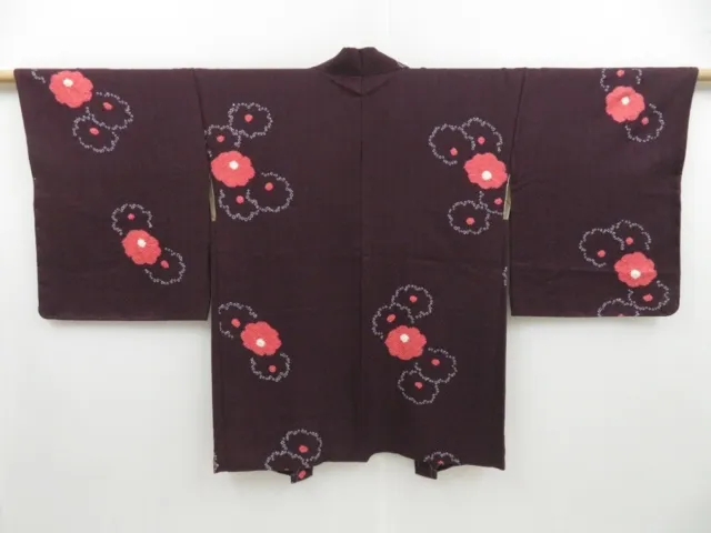 3201T10z600 Vintage Japanese Kimono Silk HAORI Chrysanthemum Dark grape