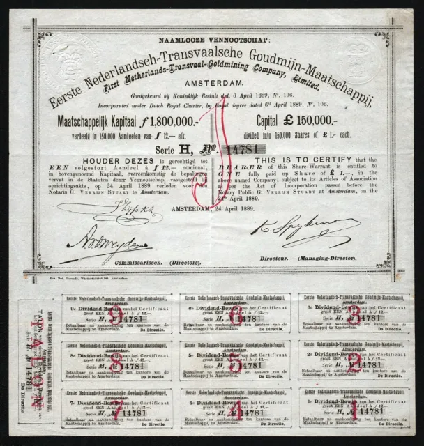 1889 Netherlands/South Africa: Nederlandsch-Transvaalsche Goudmijn-Maatschappij