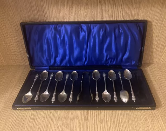 Antique Vintage Silver Plated EPNS Set Of 11 Apostle Teaspoons And Sugar Tongs