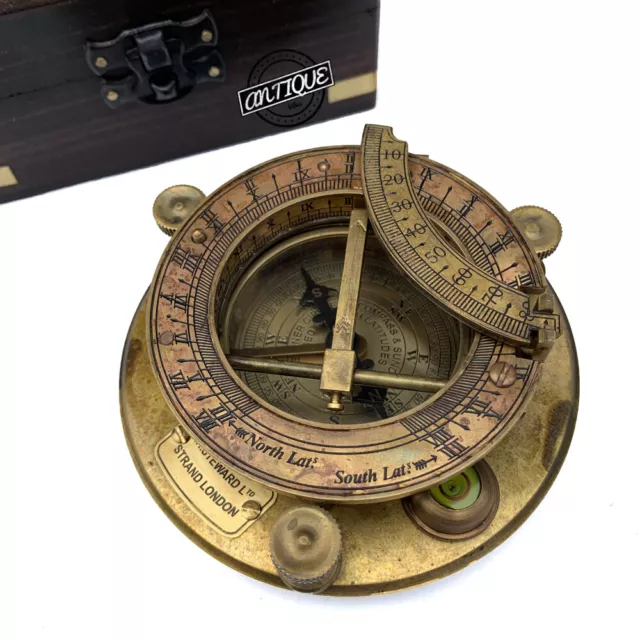 4 " Messing Kompass Sonnenuhr Uhr IN Hölzener Kiste Antik J.H Steward Schiff