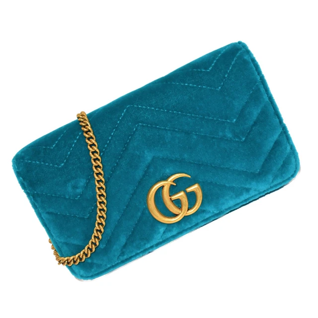 GUCCI GG MARMONT Chain Shoulder Bag Crossbody Blue Green Velvet