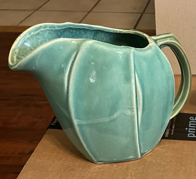 VINTAGE MCCOY POTTERY Turquoise Blue Green Glaze 6" Tall Pitcher Jug