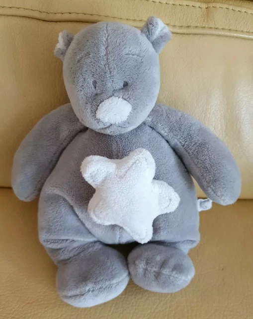 TBE - Peluche Doudou ours Nouky Noukie's Musical Gris Taupe Étoile Blanc